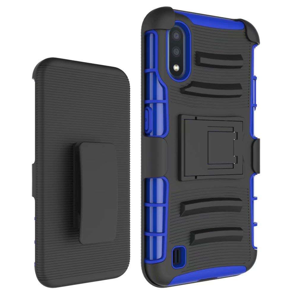 for Samsung Galaxy A01 (SM-A015F SM-A015V A015M), Case + Tempered Glass Sceeen Protector, Anti-Slip Shockproof Rugged Belt Clip Holster Heavy Duty Hybrid Tough Armor Case w/h Kickstand (Blue) 4