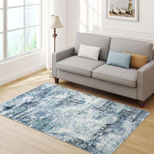 ONBRILL Washable Rug 4×6, Modern Abstract Living Room Rug, Medium Pile Non Slip Rug, Indoor Small Carpet Rugs for Living Room, Bedroom, Kitchen, Laundry, Office, Dark Blue+Beige