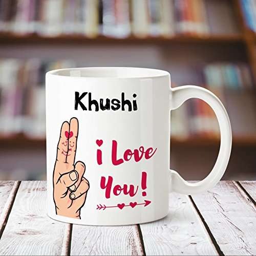 Huppme I Love You Khushi Printed Personalized Coffee Mug, 350 ml, White
