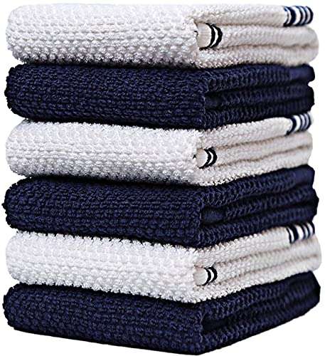 Kitchen Towels (16”x 28”, 6 Pack) – Large Cotton Kitchen Hand Towels – Weft Insert Design – 380 GSM Highly Absorbent Tea Towels Set with Hanging Loop (Navy Blue) 3