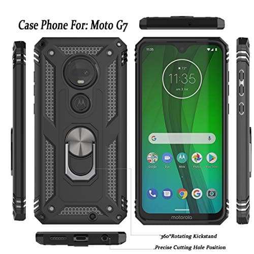 Moto G7 Plus Case,Moto G7 Case with HD Screen Protector (2Pack) KaiMai 360 Degree Rotating Ring & Bracket Dual Layers of Shockproof TPU and Solid PC Phone Case for Moto G7 Plus 6.2"-Black 3