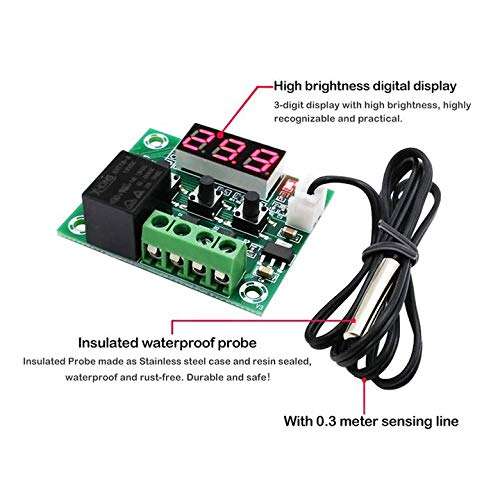 DAOKI 2 Pcs W1209 12V DC Digital Temperature Controller Module -50~110℃ LED Display Thermostat Board with Waterproof NTC Probe, Case, 24AWG Wire 3