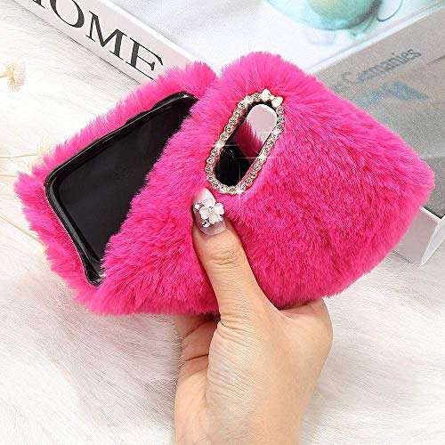 LCHULLE for Samsung Galaxy A70 Plush Case Faux Rabbit Fur Furry Cute Case Winter Warm Soft Lovely Fluffy Cover Shockproof Bumper with Bowknot Glitter Bling Diamond for Samsung Galaxy A70, Rose red 3