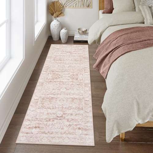 Uphome Boho Runner Rug 2x6, Washable Pink Cute Kitchen Runner Rug, Vintage Soft Non-Slip Bathroom Rugs, Oriental Distressed Tribal Floral Throw Carpet for Hallway Bedroom Entryway