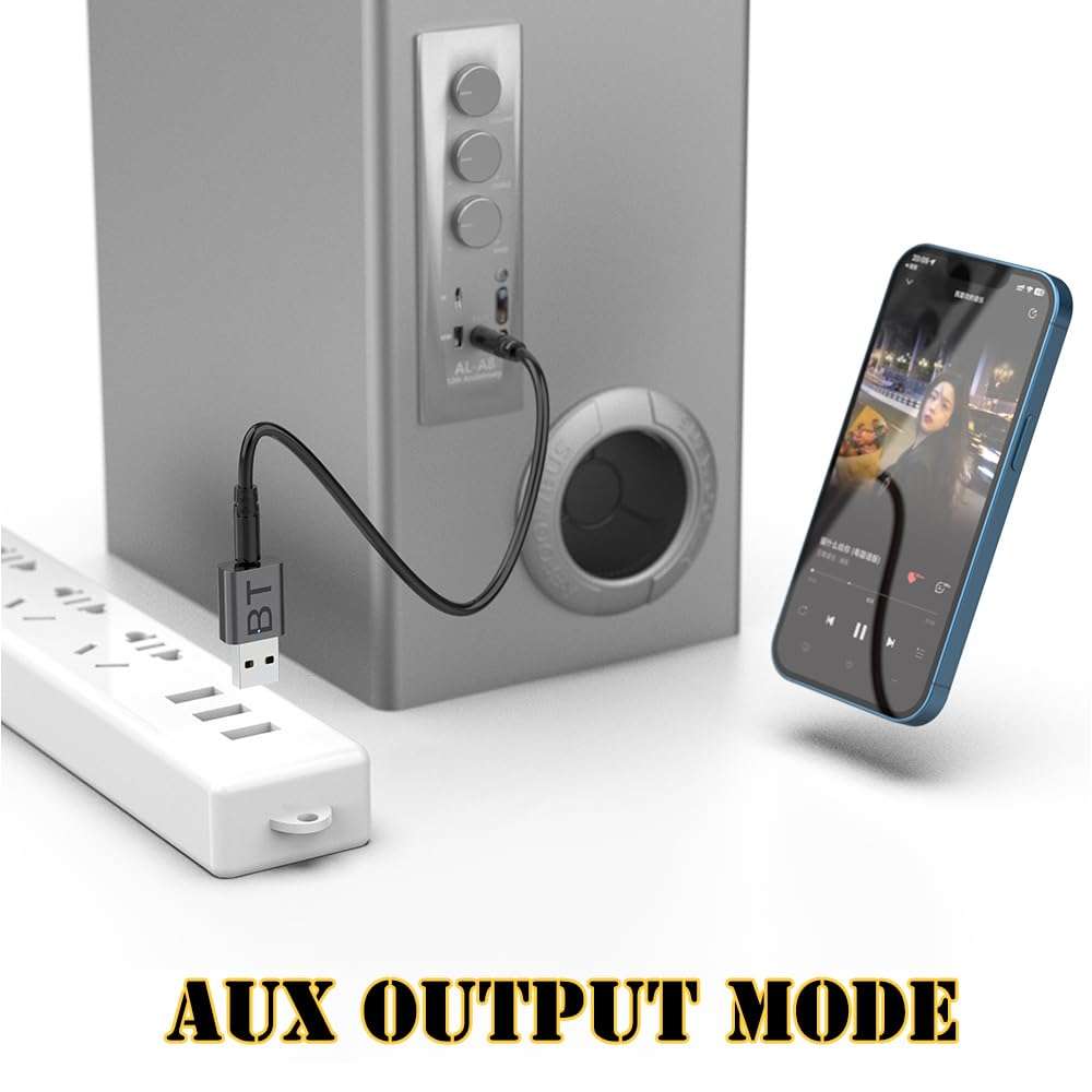 QOFOWIN Mini 2-in-1 USB Bluetooth Receiver,5.4 Wireless Audio Adapter 3.5mm Car Kit Music Receiver for Home/Car Stereo Sound System, Bluetooth Adapter(Aux in) with 3.5mm Cable 4