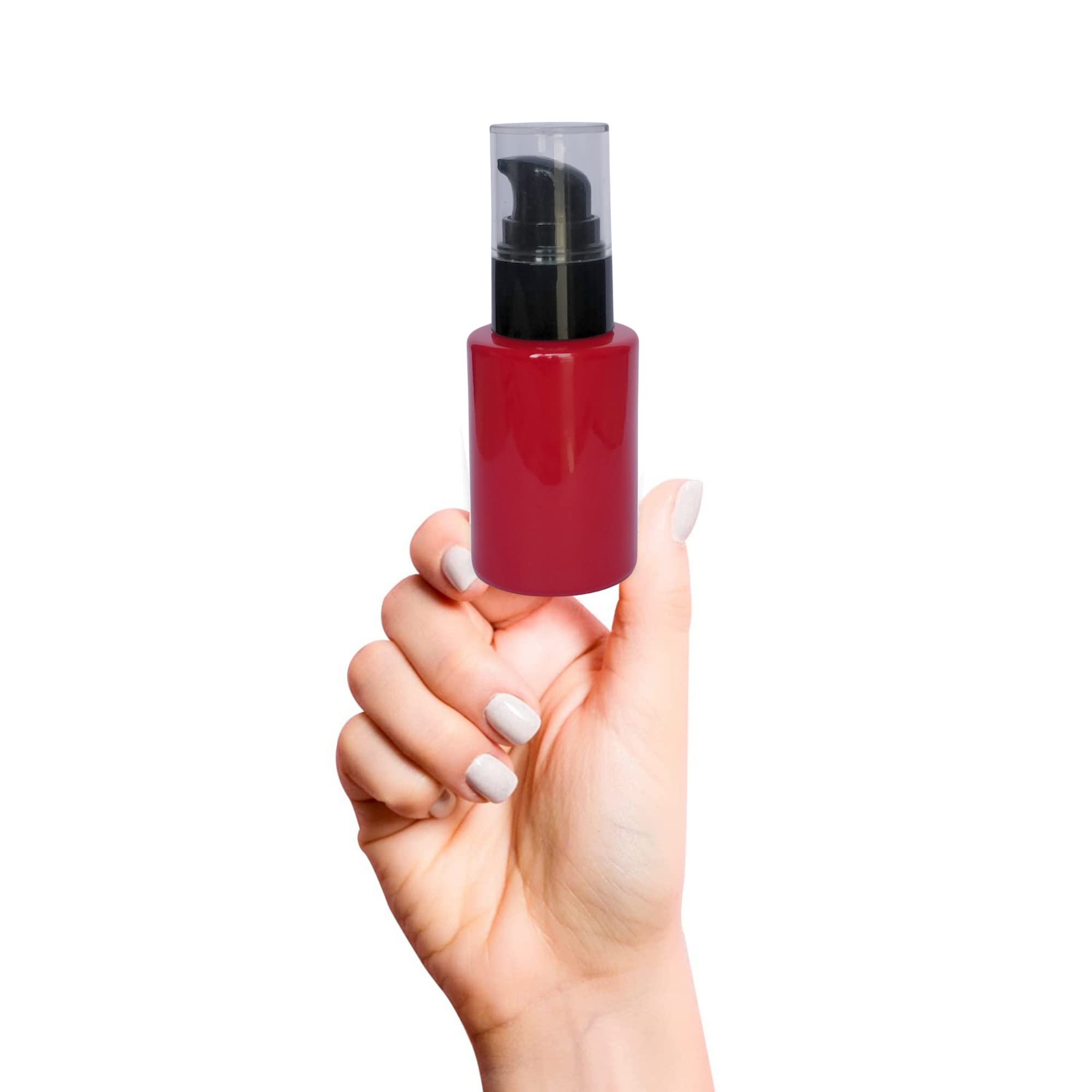 Devinez Multipurpose Premium Flat Shoulder Red Color Round Glass Bottle, 30 ml with Lotion Pump with Cap (Pack of 4), for Serum, Essential Oils, Blends, Skin Care, Travel, Toners, Cosmetic & DIY 5