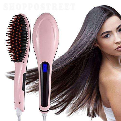 CR Enterprise® Fast Hair Straightener Straightening Comb Brush With Temperature Nano 3 In 1 Straightening LCD Screen With Temperature Control Display (Pink) 1