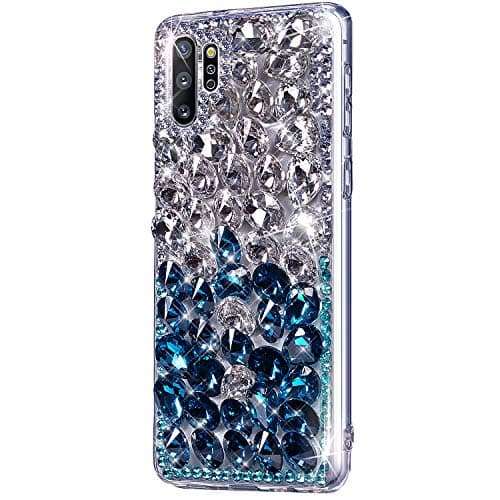 Case for Galaxy Note 10 Plus,Galaxy Note 10 Plus Diamond Case,3D Handmade Bling Rhinestone Diamonds Sparkle Case Girls Women Full Crystals Bling Diamond Case Cover for Galaxy Note 10 Plus,Blue+Clear 2