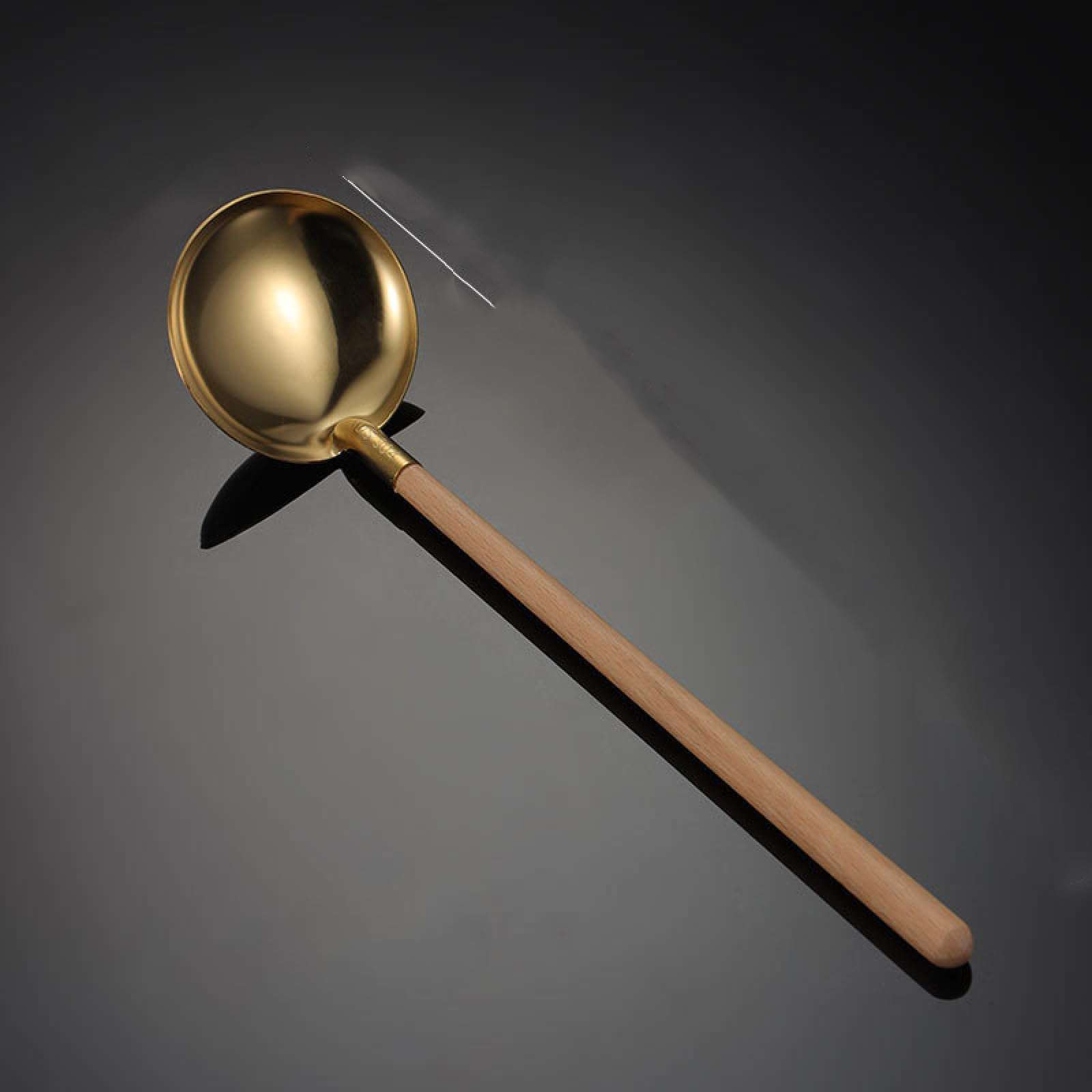 Stainless Steel Cutlery Wooden Handle Soup Shell Colander Household Kitchen Gadget Ramen Soup Spoon Golden