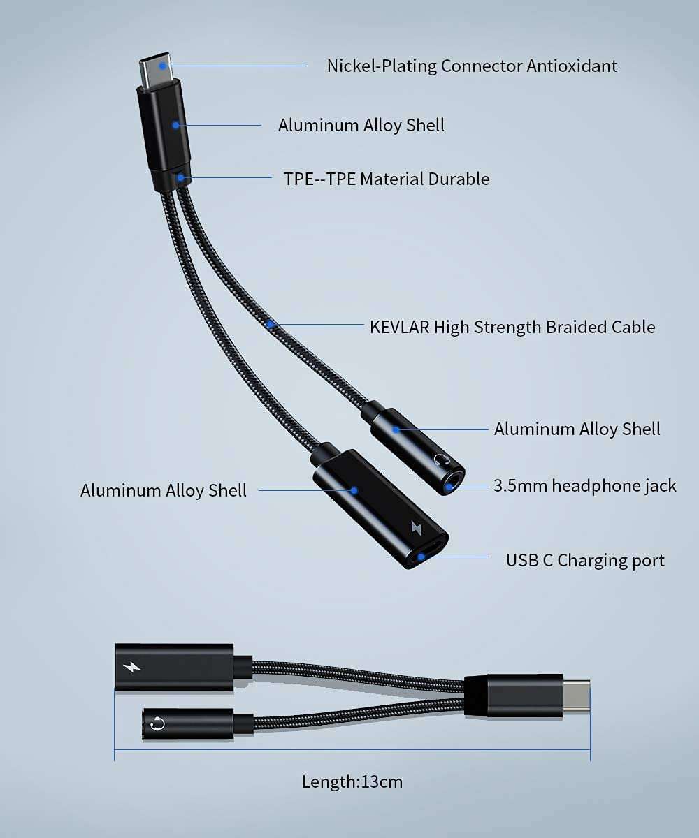 USB C to 3.5mm Headphone and Charger Adapter, 2 in 1 USB C to 3.5mm Headphone Jack Adapter Hi-Res DAC and Fast Charging Dongle Compatible with iPhone 16/15, Google Pixel 9 8 7 XL, Galaxy S25/S24/S23 6