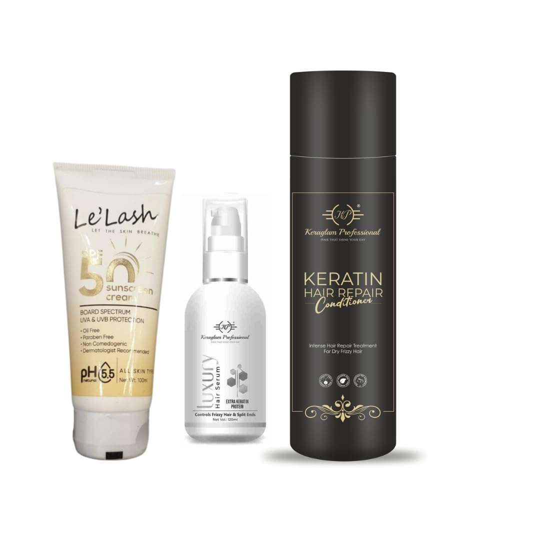 Keraglam Professional Keratin Hair Repair Conditioner, Le'Lash Sunscreen Cream SPF 50, Luxury Hair Serum 1