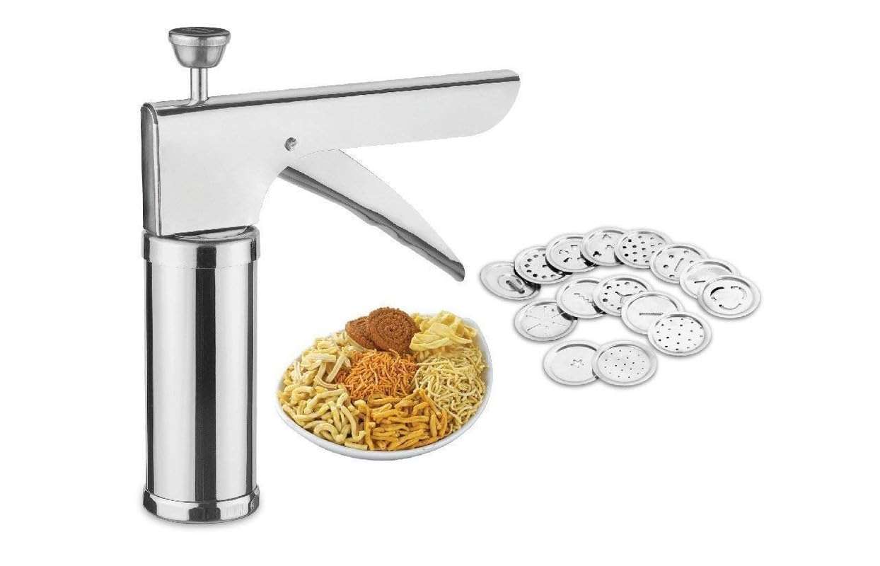 KGS 15 in 1 Stainless Steel Kitchen Press Sev Sancha Chakli Maker Hand Press Farsan Namkeen Snacks Cookies Maker Portable Heavy Handle Machine -SilverSev Sancha (1 PCS) 4