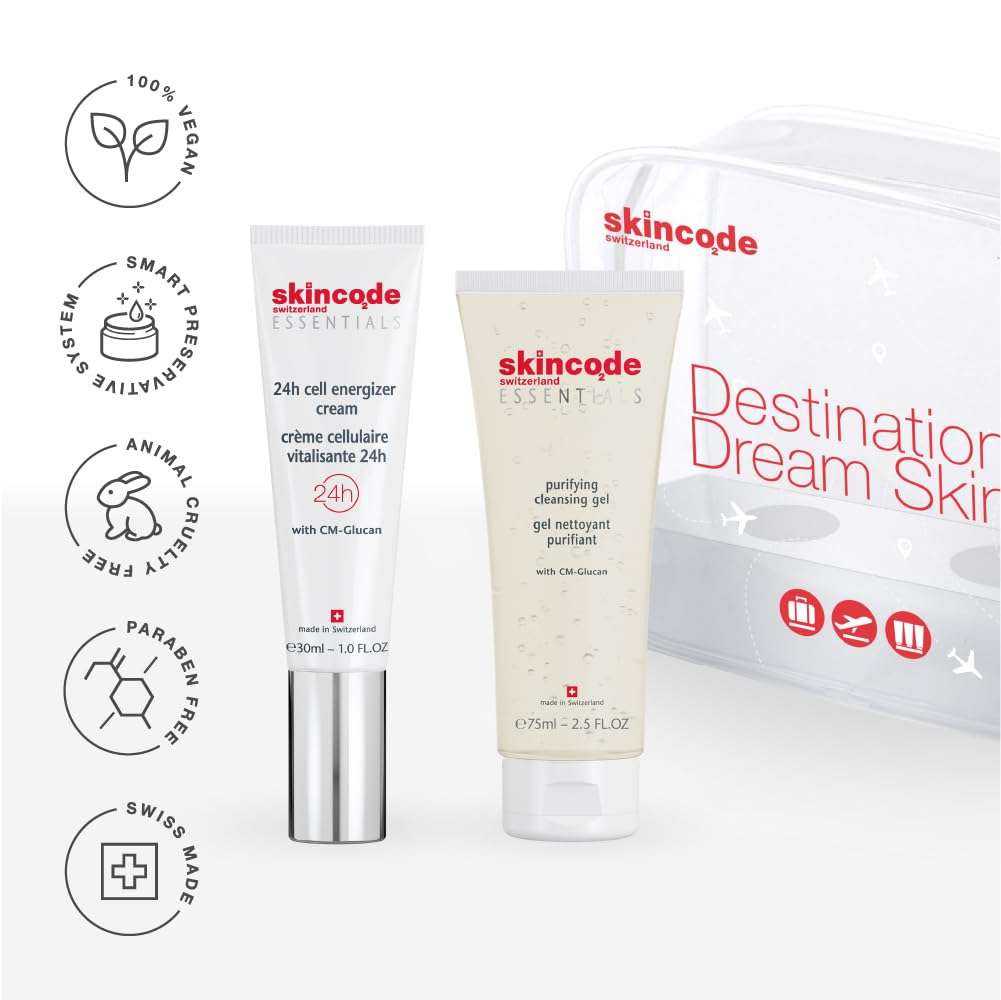Skincode Destination Dream Skin Care Set | Purifying Cleansing Gel 75ml & 24h Cell Energizer Cream 30ml | Travel Essentials for Women | CM-Glucan, Pro-Vitamin B5 | Skincare Gift Set & Face Moisturizer 3