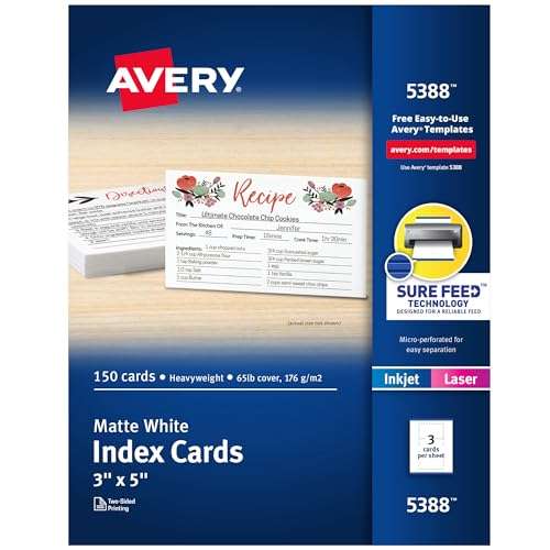 Avery Printable Index Cards with Sure Feed Technology, 3" x 5", White, 150 Blank Index Cards for Laser or Inkjet Printers (05388) 1