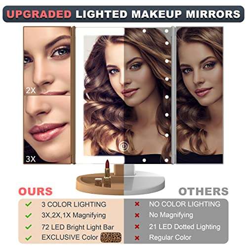 RoLeDo Makeup Mirror Vanity Mirror with Lights - 36 Led Trifold Mirror, Touch Screen Switch, 2x3x10x Magnification, 180° Rotation, Dual Power Supply, Portable Cosmetic Lighted Mirror (Leopard print) 3