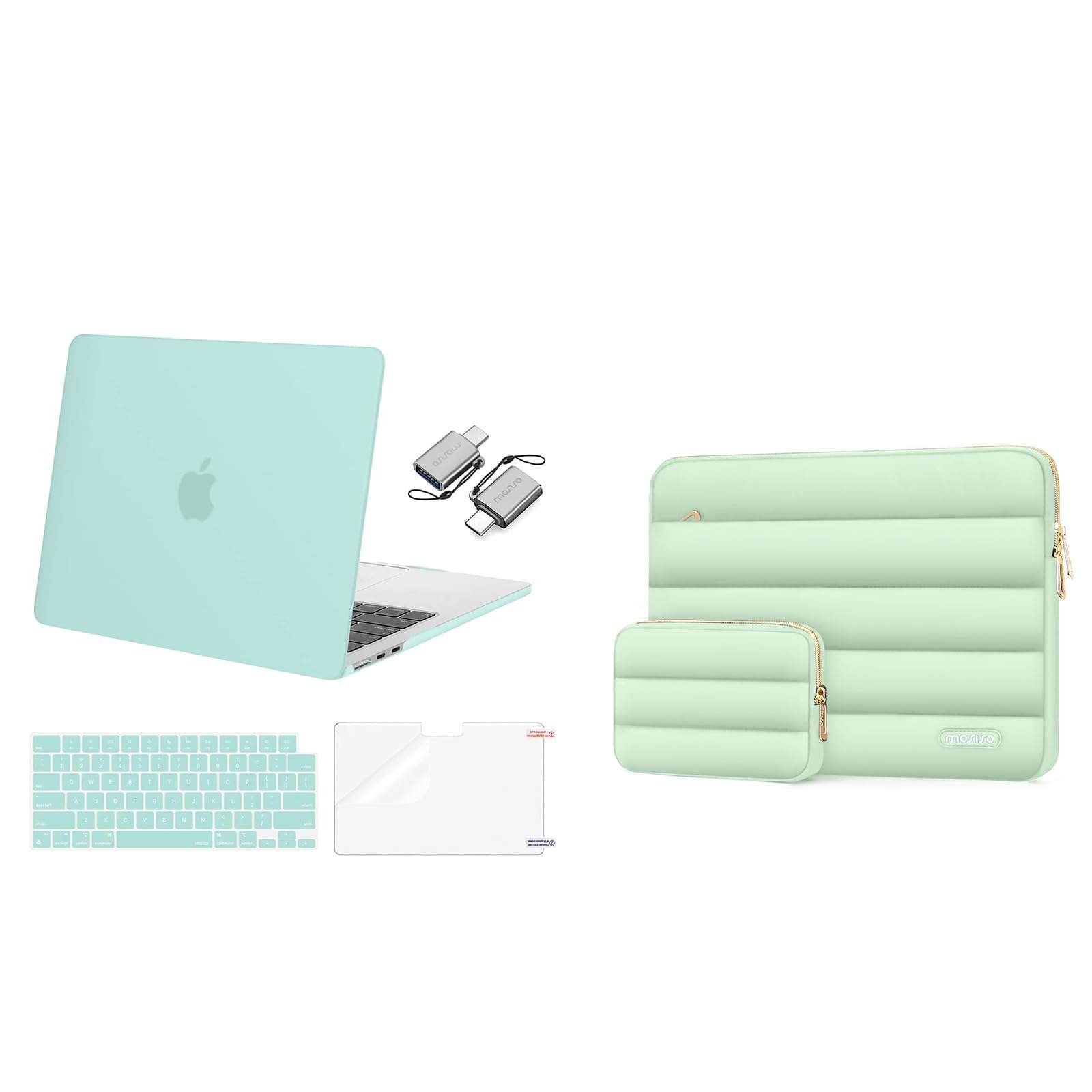 MOSISO Compatible with MacBook Air 13 inch Case 2024 2023 2022 M3 A3113 M2 A2681 Touch ID, Plastic Hard Shell&Keyboard Cover&Screen Film&Type C Adapter&Polyester Horizontal Bag, Mint Green 1