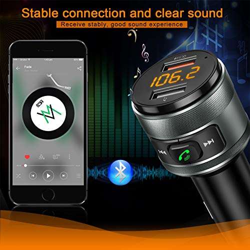 Bluetooth 5.3 FM Transmitter for Car, 3.0 Wireless Bluetooth FM Radio Adapter Music Player FM Transmitter/Car Kit with Hands-Free Calling and 2 USB Ports Charger Support USB Drive 4