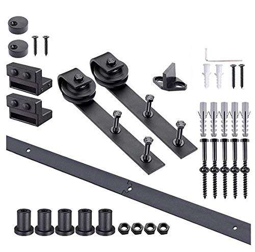 SUAY 12FT Sliding Barn Door Hardware Kit Heavy Duty Single Door Hardware Rack Rail Rollers System Set Smoothly and Quietly Easy Mount,Fits for 1.57"-1 .77" Thickness Door Panel,Black 1