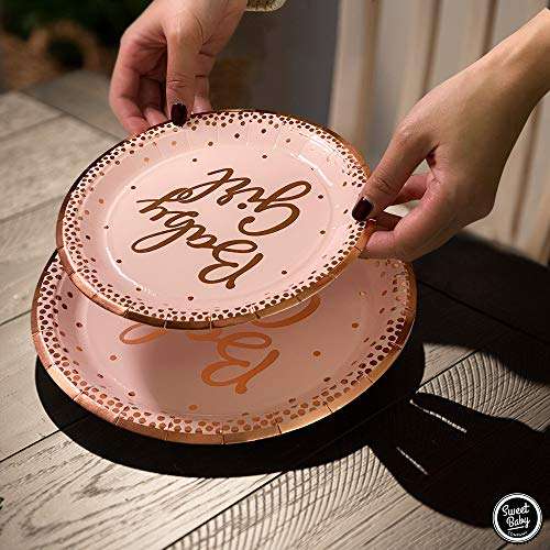 Sweet Baby Co. Baby Shower Plates and Napkins Girl for 24 With Rose Gold Pink Paper Plates, Dessert Plate, Napkins, Disposable Cups for Tea Party Supplies or Floral Decorations or Girls Birthday Set 5