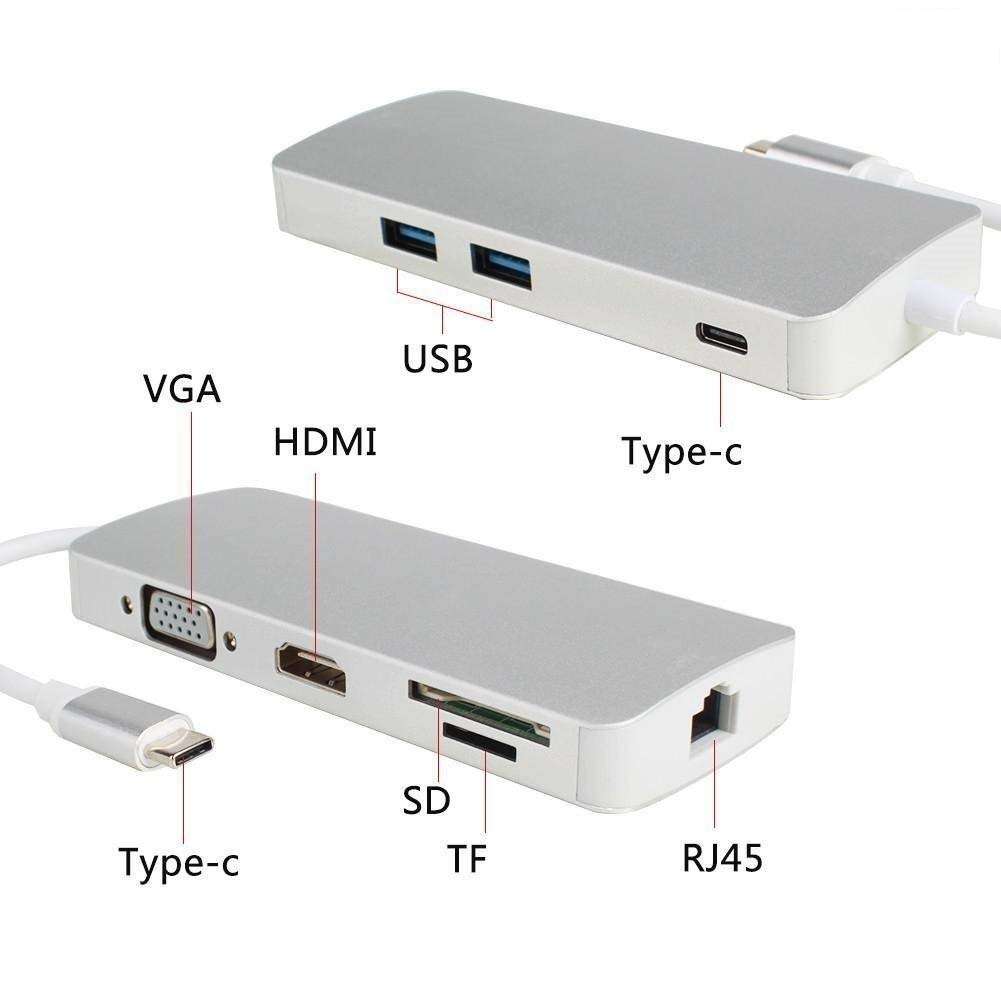 Famous Quality® USB Type C 8 in1 USB C Hub Adapter with HDMI Port + VGA Port + Gigabit Ethernet Port RJ45 + USBC Power Delivery + 2 USB 3.0 + TF/SD 3