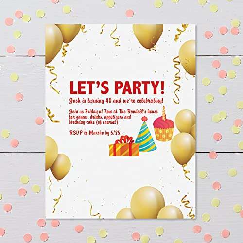 Gold Balloons Birthday Party Letter Papers -25 Sheets of Colorful, One-Sided Framed Letter Paper for Newsletters, Announcements, and Invitations 3