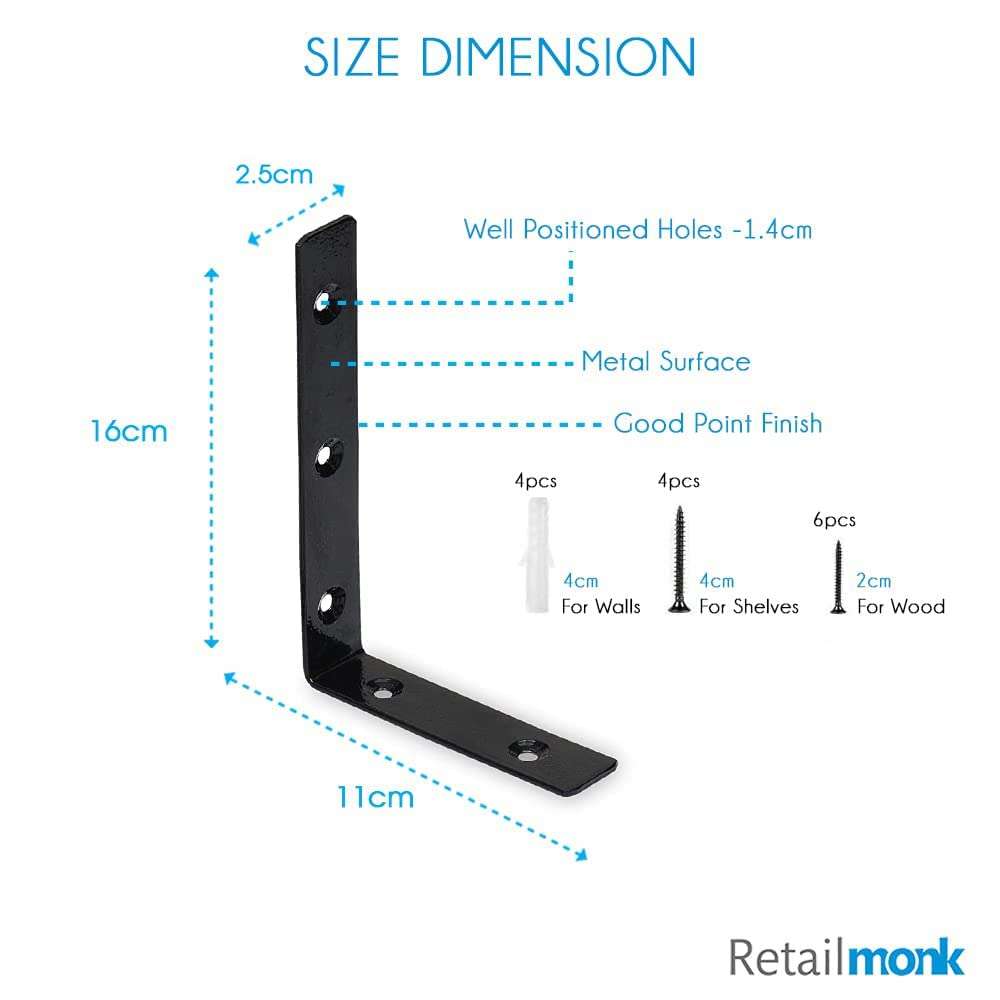 Retailmonk L Shaped Wall Shelf Angle Brackets with Screws, Heavy Duty Black Wall Shelves Metal Brackets - Powder Coated Steel Angle Bracket for Wall Shelf - (16 x 11 x 2.5 cm) - 6 PCs 3