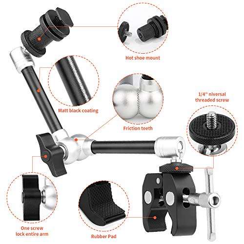TOAZOE 11'' Articulating Friction Magic Arm Super Clamp Mount with Phone Holder, Adjustable Camera Mount Kit for DSLR Camera, LCD Monitor, Video Vlog Rig, Smartphone 6