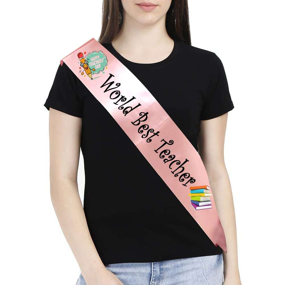 Unique Gifts Teachers Day Sash Card Gift for School College Private Tutor Sir Madam Teaching mic with Speaker Under 100 | Customised Gift Sash with Photo Name Print T-Shirt (Worl Best Teacher Pink)