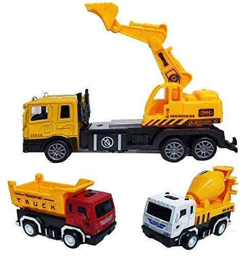 Funrally Die Cast Metal Construction Trucks Set with Light and Music - Pull Back Function Toy for Kids 1