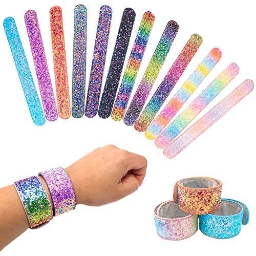 FROG SAC 12 PCS Glitter Slap Bracelets for Kids Girls, Safe Suede Backing, Girls Glitter Princess Theme Birthday Party Favors & Supplies, Sparkly Snap Bracelet Set, Easter Basket Stuffers, Goodie Bag Fillers