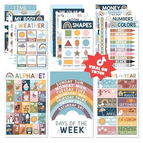Hadley Designs 16 Educational Posters for Toddlers 1-3, Laminated Toddler Learning Posters for Preschool & Kindergarten, ABC Chart, Numbers, Colors, Shapes, Days of The Week, Boho Classroom Decor