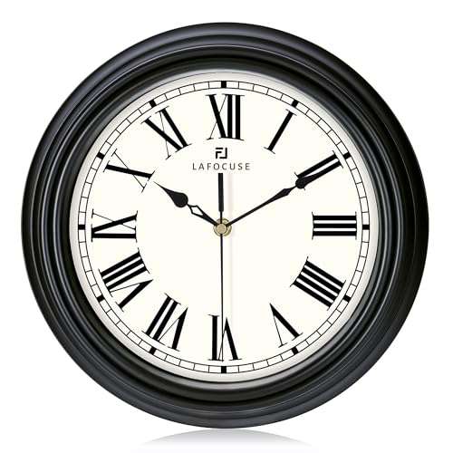 Lafocuse 12 Inch Black Wall Clock Roman Numerals, Silent Analog Wall Clock Battery Operated for Kitchen Living Room Bedroom, Retro Home Décor 1