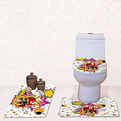 FLAWISH Set of 3PCS Safe Slip Resistant Flannel Bath Mat with Toilet Rug & Seat Cover Entrance Door Bathroom Coffee Study Kitchen Bed Decor Pirate #1 2