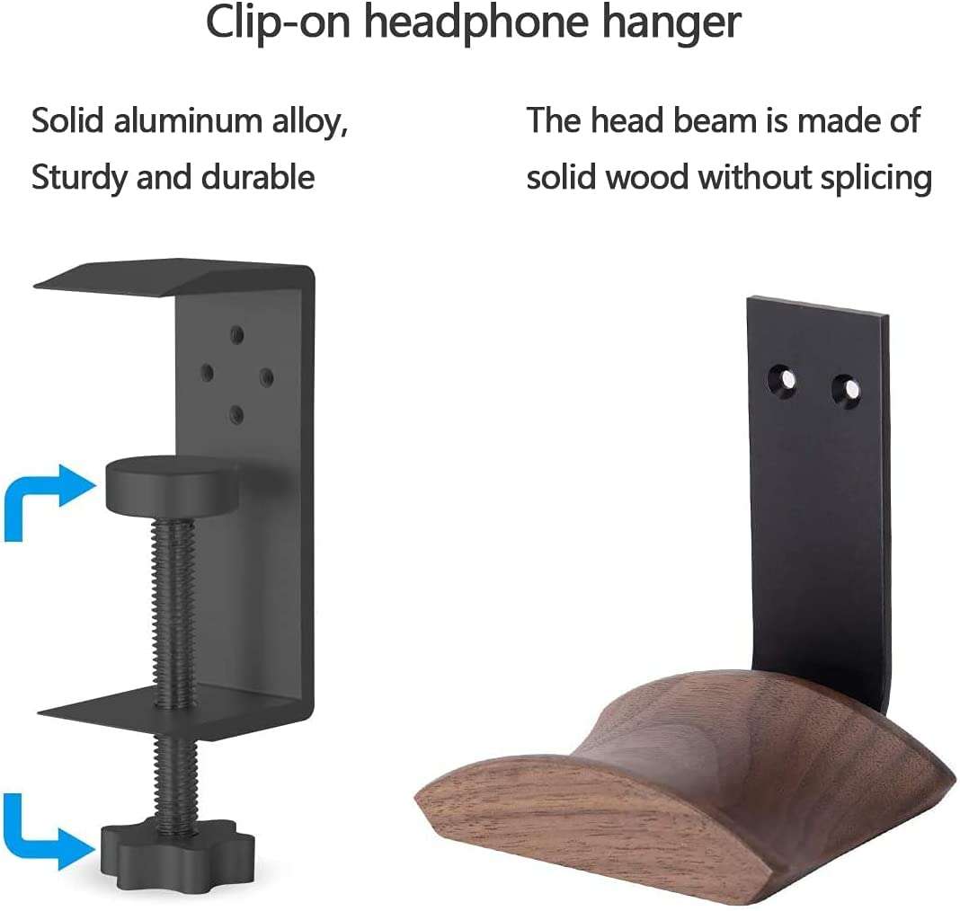 Jcurycke Headphone Holder with 6cm Wide Walnut Headrest,Adjustable Clamp-on Headset Stand Desk Headset Holder for Over Ear and Gaming 5