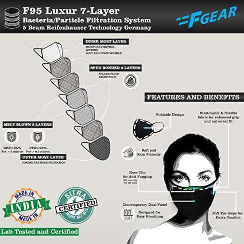 F Gear Luxur F95 Mask Size Large Black-Brown-Olive Green Safeguard 7 layer ISO CE SITRA lab certified >95% Bacteria Filtration pack of 3 4