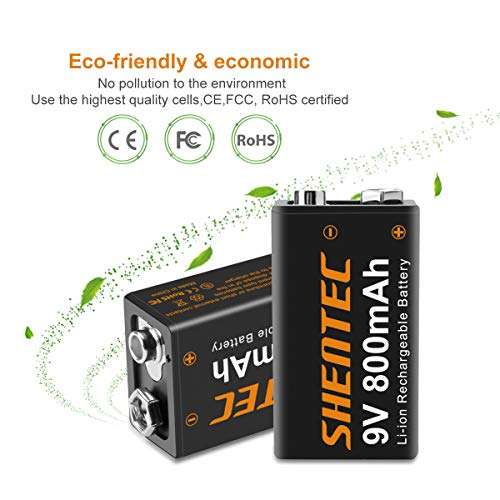 Shentec 9V Rechargeable Lithium Batteries, 800mAh Low Self-Discharge Square 9 Volt LithiumBattery for Alarms, Wireless Microphones, Smoke Detectors, Toys, Flashlights and More(4-Pack) 5