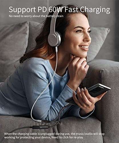 2 in 1 USB C to 3.5mm Headphone Audio and Charge Adapter, Type c to Aux Audio with PD 60W Fast Charge Adapter fit with iPhone 16 15 Pro Max, Galaxy S24 S23 S22, Pixel 9 8 7 6, iPad Pro/Macbook Air 5