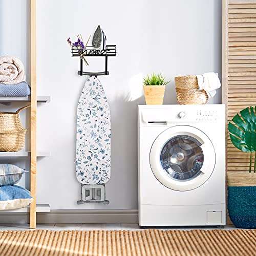TJ.MOREE Ironing Board Hanger Wall Mount- Laundry Room Decor- Iron and Ironing Board Holder, Laundry Room Organization and Storage with Large Storage Dark Gray Wooden Base Basket and Removable Hooks 3