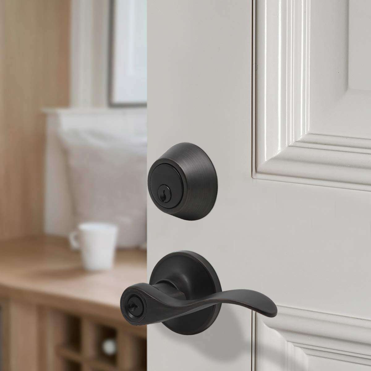 Gobrico Entry Door Lever Sets and Single Cylinder Deadbolt Combo Set with Same Keys Front Entrance Door Handles with Lock 3 Pack Door Locksets in Oil Rubbed Bronze 3