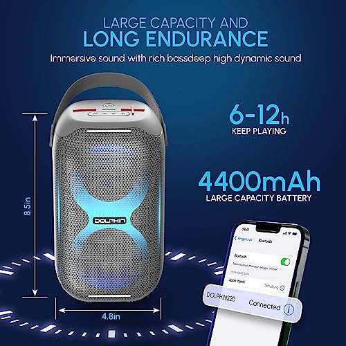 Dolphin Portable Bluetooth Speaker - Loud & Compact Size, IPX5 Waterproof, Long-Lasting Battery - Ideal for Beach, Pool, Shower, Gym, Camping, Outdoors (Gray) 4