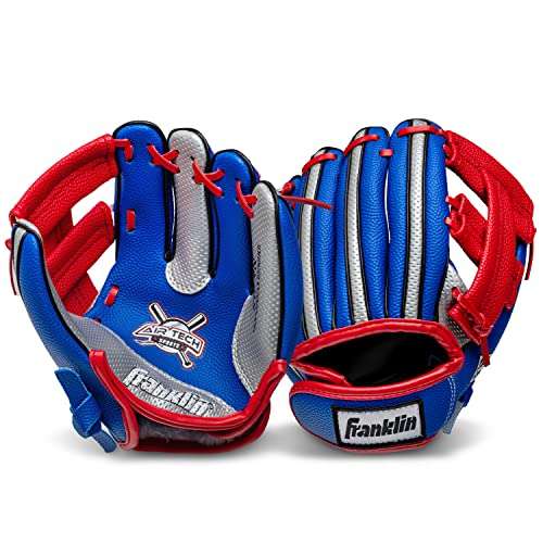 Franklin Sports Kids Baseball Glove + Ball Set - Air Tech Youth Teeball Glove - Boys + Girls Children's Glove + Ball - Right Hand Throw - Blue, Red and Silver, 9" 3