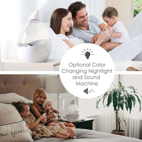 Crane White Drop 4 in 1 Ultrasonic Cool Mist Top Fill Humidifier with Sound Machine, 1 Gallon Tank, For Large Rooms, Clear and White, Baby Nursery Humidifier 4