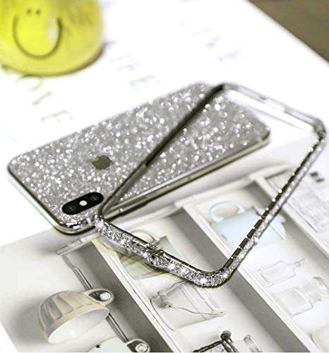 Case for iPhone Xs Max Cover,Girls Women Luxury Sparkly Bling Glitter Rhinestone Diamond Metal Button Bumper Case Cover & Shiny Glitter Sticker Protective Cover for iPhone Xs Max Diamond Case,Silver 5