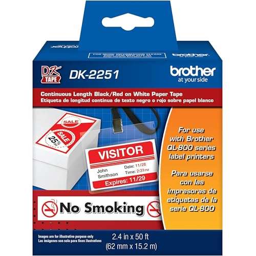 Brother Genuine DK-2251 Continuous Length Replacement Labels, Black/Red Label on White Paper Tape, Engineered with Excellence, 2.4” x 50 feet, 1 Roll per Box 1