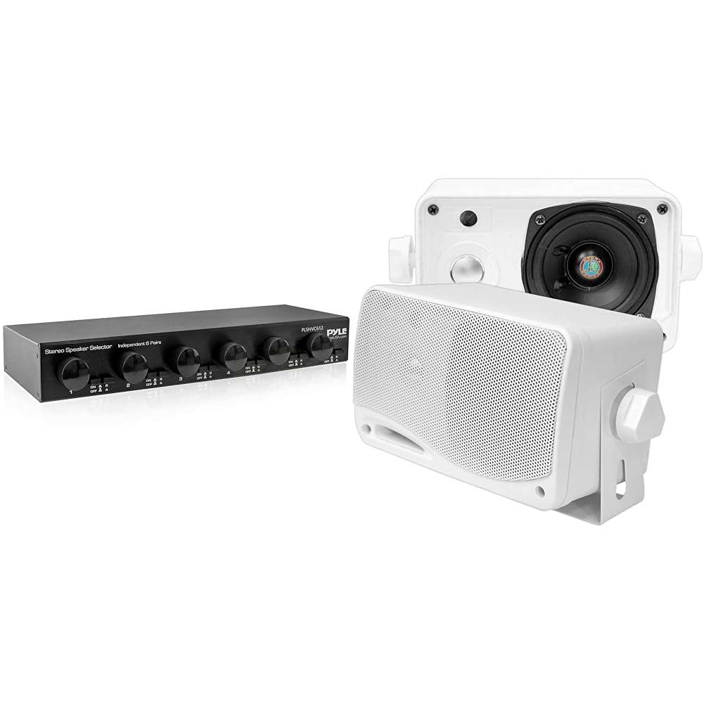 Pyle 6 Channel Speaker Selector with Volume Control and 3.5" 3-Way 200W Outdoor Speakers with Mounting Kit - White 1