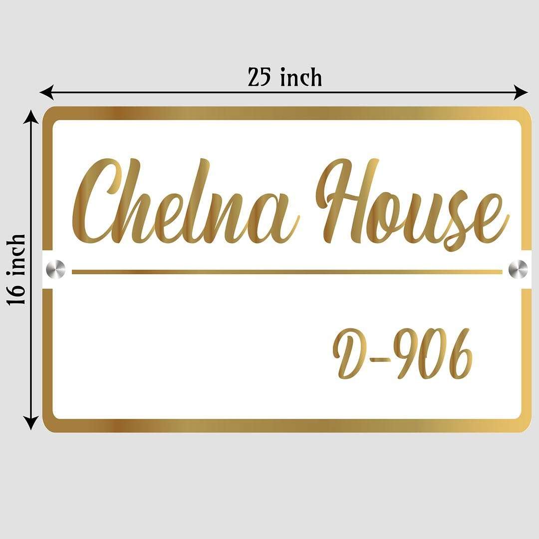 CHELNA Customized Rectangle Golden Glossy Mirror Border White Name Plate with Golden Laser Cut Letter for Entrance Decoration(25x16) 5