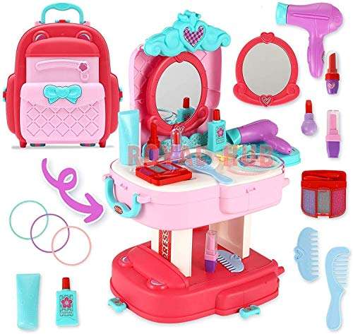 Beauty Set Makeup Set Dressing Table by dream toys | School Bag 2 in 1 Pretend Play AKE up Set Modern Children Cute Dresser Kit | 30 Piece Kids Beauty Play Set Toy for Girls 1