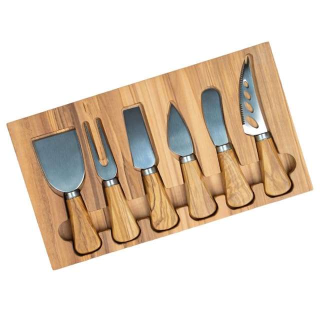 Forest Decor Cheese Knives Set with Premium Olive Wood Holder | Stainless Cheese Knifes for Charcuterie Board & Cheese Spread | Housewarming Gift for Party, Wedding, and Christmas - 6 Piece Set
