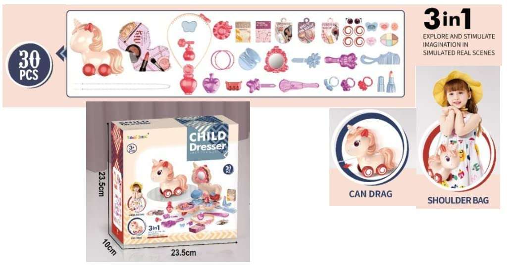 Sardarji Toy Shop 3 in1 Unicorn Child Dresser Set,D.I.Y,Hanging Like Purse, Moving by Cord, Toy for Kids Dresser Pretend Play Makeup Accessories Play Set of 30 pcs 6