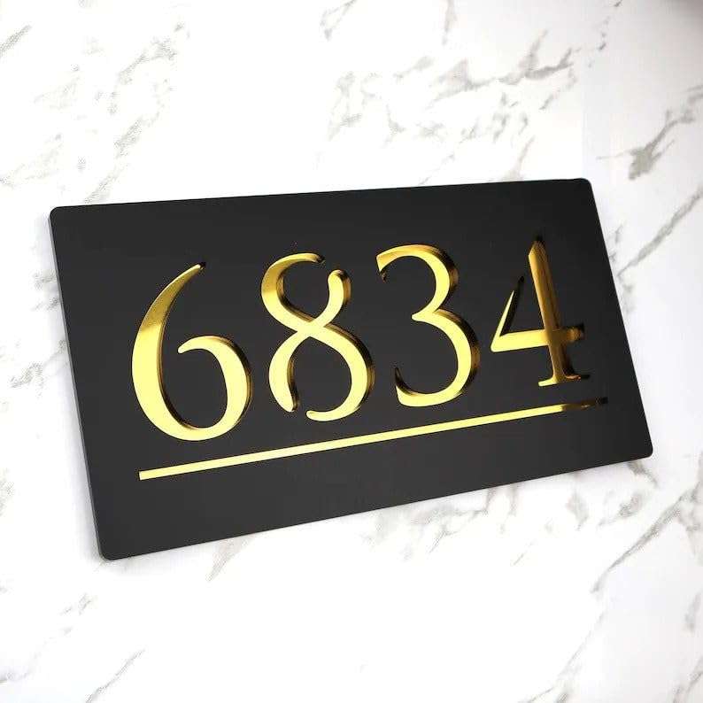 CHELNA Customized White & Mirror Gold Glossy Look Acrylic Name Plate with 2 Pieces of Stainless Steel Studs for Home Entrance, Office Door,Shop,Hotel Rooms, House Warming(12x8). 1
